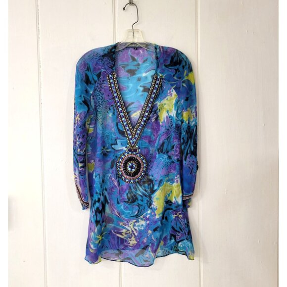 Beaded Goddess Sheer Peacock Blue Floral Swim Cover Up with Beading - Picture 6 of 6
